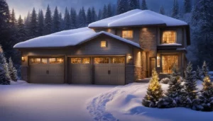 Winter Scene Home with multiple Garage doors covered in snow